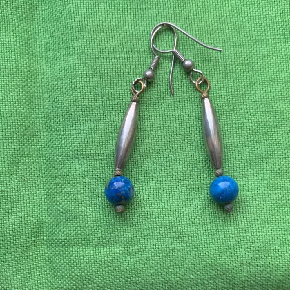 Vintage 70s Silver Dangle Earrings w/Blue Beads